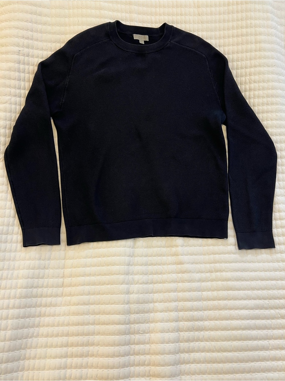 COS Navy Blue Waffle Textured 100% Cotton Crewneck Sweater Size Large